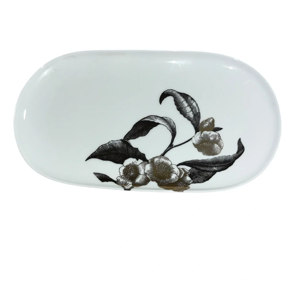 Caskata dogwood China platter 12” oval made in usa white black 23k gold paint